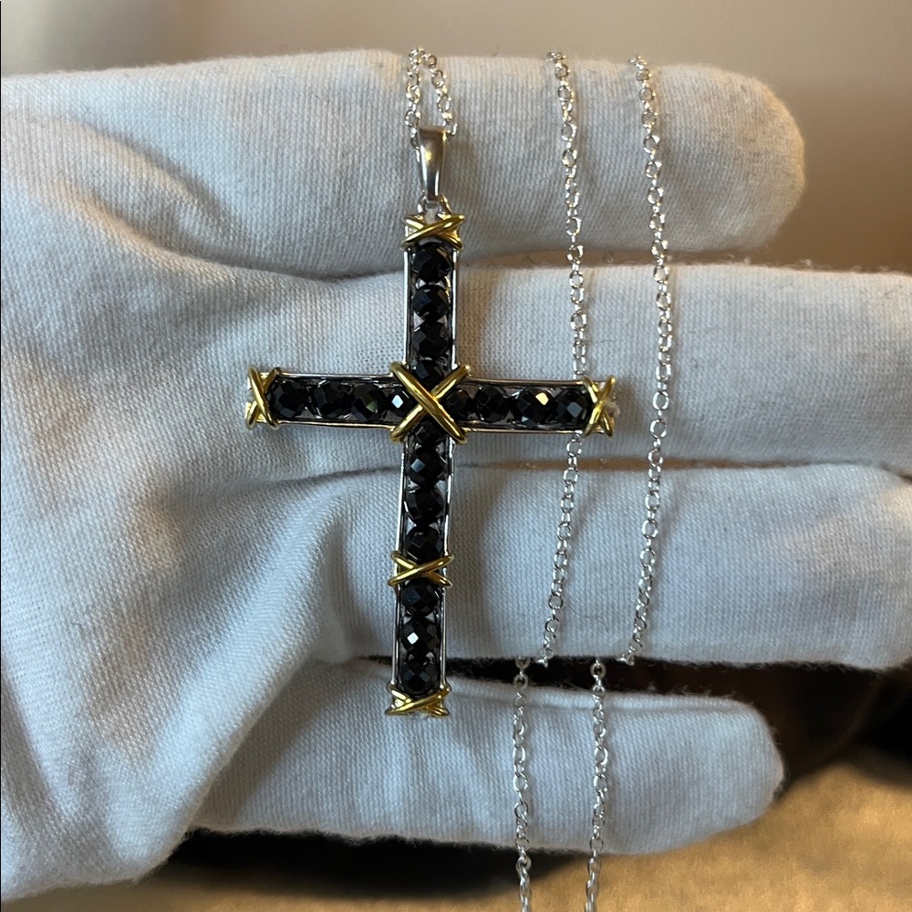 Thai Black Spinel 11.40 ctw Cross Pendant with 24” Sterling Silver Chain